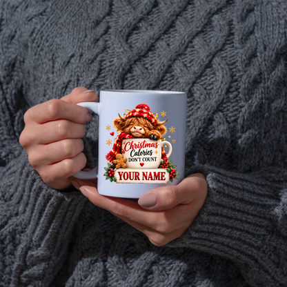 Personalised Christmas Mug "Christmas Calories Don't Count" 325ml Ceramic Coffee Tea Cup – Santa Hat Highland Cow, Gingerbread Man, Custom Name & Funny Holiday Slogan Novelty Gift for Bestie, Women, Holiday – Fast Dispatch by UK Seller (M3519)