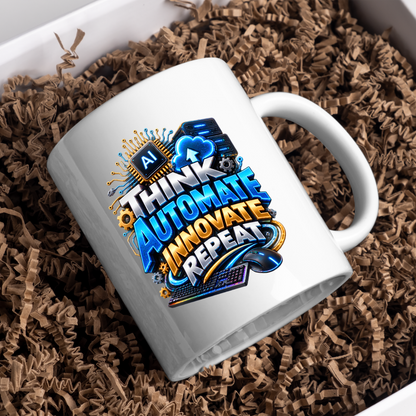 Tech Mug "Think Automate Innovate Repeat" Think Automate Innovate Repeat 325ml Ceramic Coffee Mug – Tech Developer Mug with AI Processor, Cloud, Keyboard & Mouse | IT Programmer Gift | Fast Dispatch by UK Seller (M3326)
