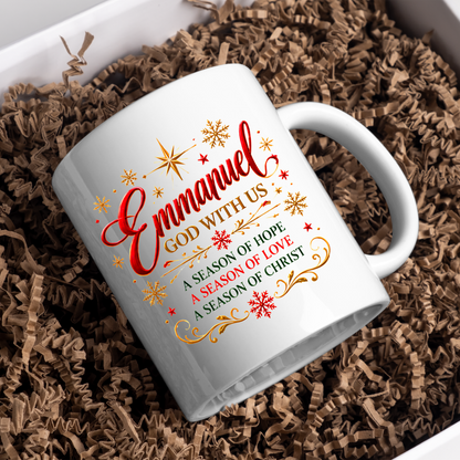 Christmas Mug "Emmanuel God With Us" Emmanuel God With Us 325ml Ceramic Coffee Mug – Christian Christmas Verse Mug with Gold Star, Snowflakes Scrollwork Festive Religious Gift | Available in Multicolours | Fast Dispatch by UK Seller (M3294)