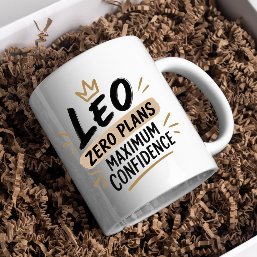 Personalized Name Mug "Leo Zero Plans Maximum Confidence" Leo Zero Plans Maximum Confidence 325ml Ceramic Coffee Mug – Custom Name Typography Slogan with Golden Crown & Tan Watercolor Brushstroke Banner | Funny Gift | Fast Dispatch by UK Seller (M3451)