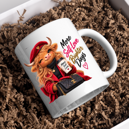 Self-Love Mug "More Self Love Brighter Days Highland Cow" More Self Love Brighter Days Highland Cow 325ml Ceramic Coffee Mug– Chic Red Beret Fashion Tea Cup Positive Typography Graphic Gift | Available in Multicolours | Fast Dispatch by UK Seller (M3197)