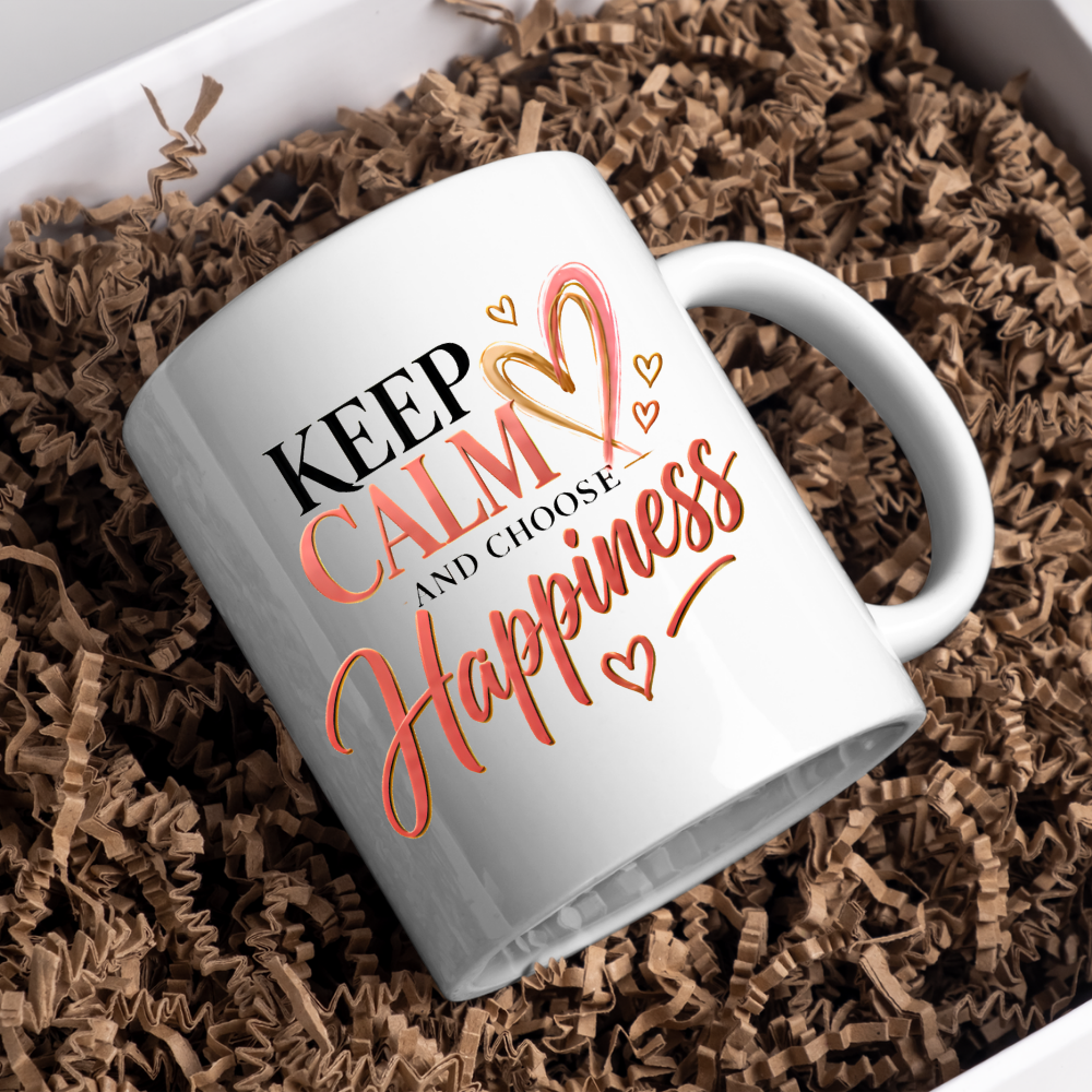Motivational Mug "Keep Calm And Choose Happiness" 325ml Ceramic Coffee Tea Cup – Pink & Gold Typography, Cute Hearts & Positivity Slogan Novelty Gift for Friends, Colleagues, Birthday – Fast Dispatch by UK Seller (M3493)