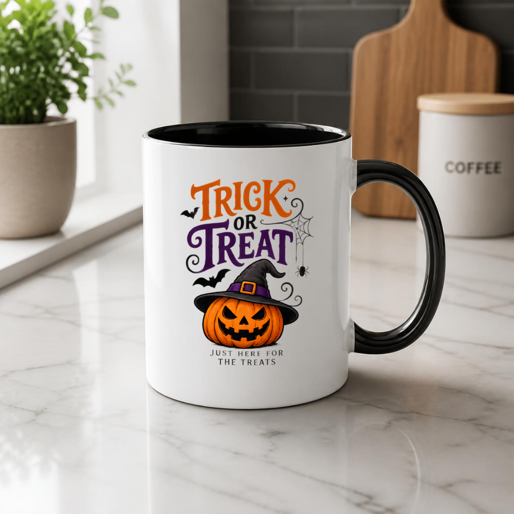 Halloween Mug "TRICK OR Treat Just Here For The Treats" Jack-o'-lantern 325ml Ceramic Coffee Mug – Festive Pumpkin Tea Cup with Witch Hat Spider Web Graphic Gift | Available in Multicolours | Fast Dispatch by UK Seller (M3071)