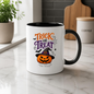 Halloween Mug "TRICK OR Treat Just Here For The Treats" Jack-o'-lantern 325ml Ceramic Coffee Mug – Festive Pumpkin Tea Cup with Witch Hat Spider Web Graphic Gift | Available in Multicolours | Fast Dispatch by UK Seller (M3071)