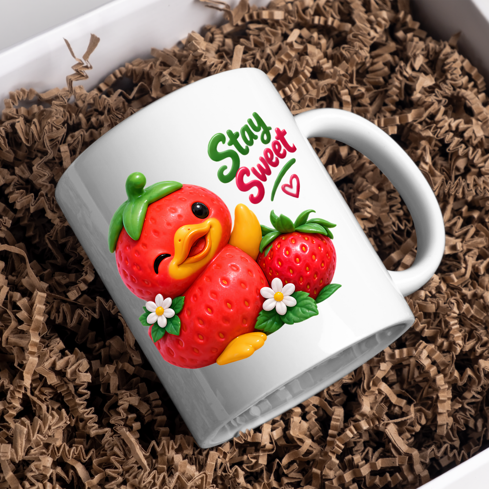 Inspirational Mug "Stay Sweet Strawberry Duck" Stay Sweet 325ml Ceramic Coffee Mug – Cute Winking Strawberry Duck Waving Next to Blossoms Strawberry Heartwarming Gift For Friends Family | Available in Multicolours | Fast Dispatch by UK Seller (M3249)