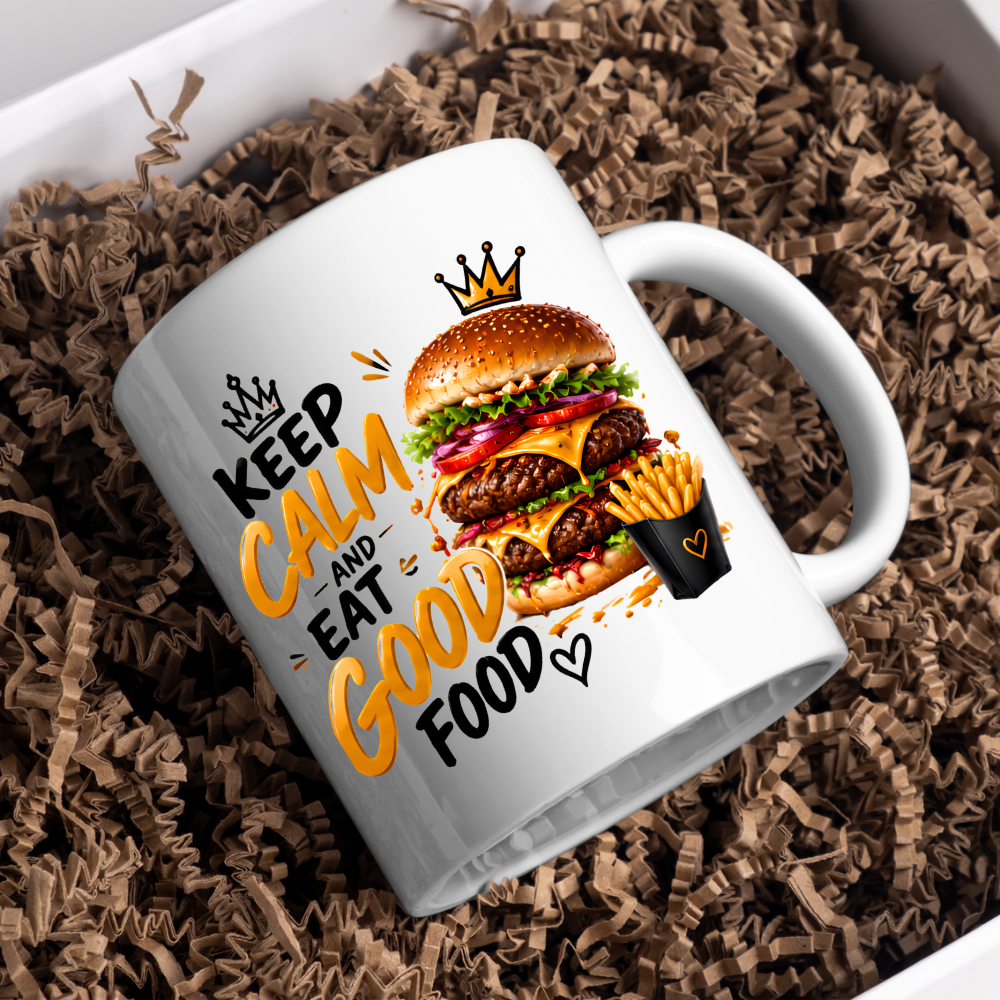 Burger Mug "Keep Calm And Eat Good Food" 325ml Ceramic Coffee Tea Cup – Double Cheeseburger, Fries & Slogan Novelty Gift for Foodies, Fast Food Lovers, Birthday – Fast Dispatch by UK Seller (M3506)
