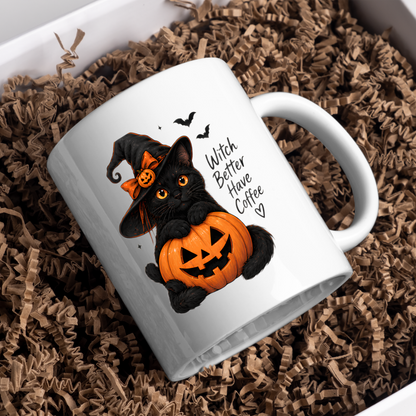 Halloween Mug "Witch Better Have Coffee Black Cat" Witch Better Have Coffee Black Cat 325ml Ceramic Coffee Mug – Cute Halloween Autumn Tea Cup With Witch Hat Jack O Lantern Graphic Gift | Available in Multicolours | Fast Dispatch by UK Seller (M3225)
