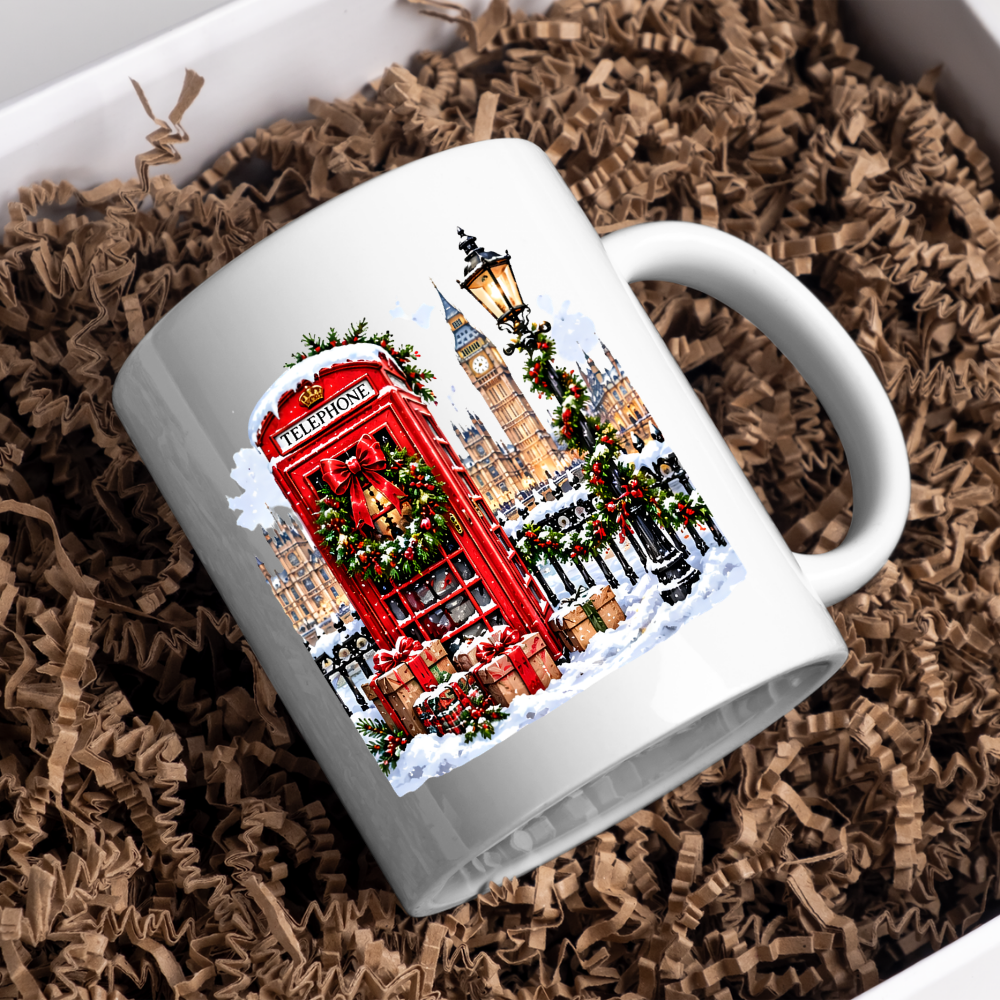 London Christmas Telephone Box Mug "Winter in London" Christmas in London Telephone Box 325ml Ceramic Coffee Mug –Big Ben & Houses of Parliament Scene with Festive Wreath, Lamp Post & Gift Boxes | Holiday Souvenir Gift | Fast Dispatch by UK Seller (M3439)