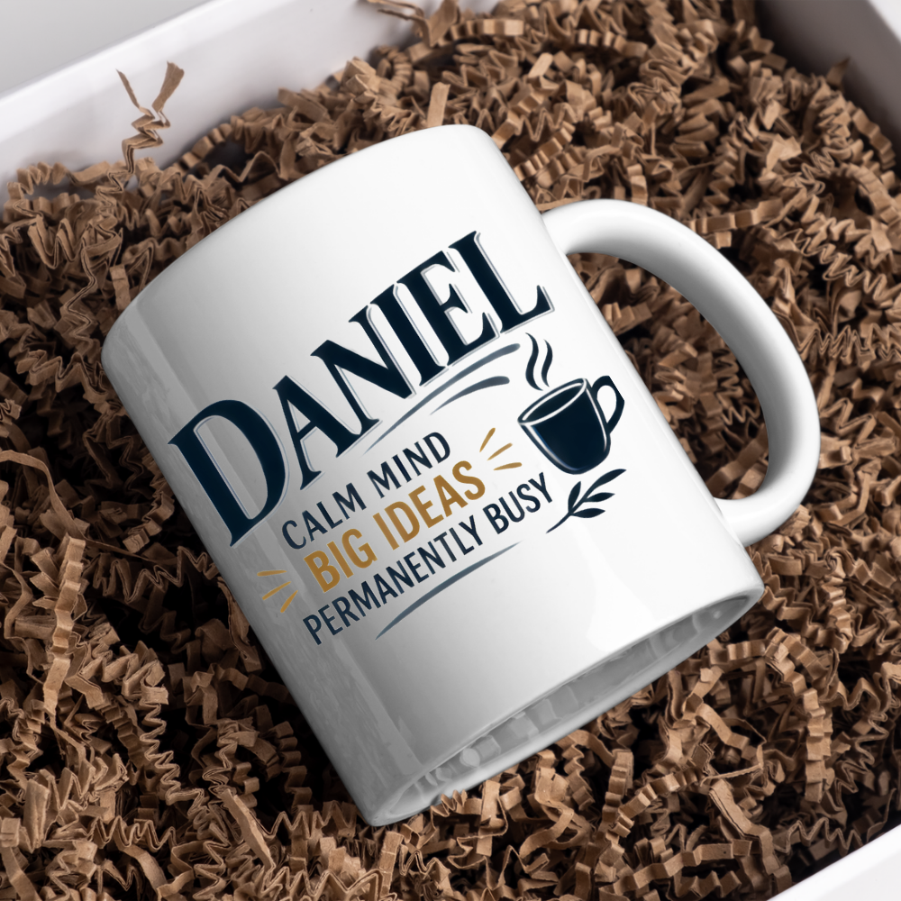 Personalized Name Mug "Daniel Calm Mind Big Ideas Permanently Busy" Daniel Calm Mind Big Ideas Permanently Busy 325ml Ceramic Coffee Mug – Custom Name Typography Slogan with Coffee Cup & Leaf Flourish | Funny Gift | Fast Dispatch by UK Seller (M3419)