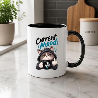 Sarcastic Mug "CURRENT MOOD: GO AWAY" Hooded Cat 325ml Ceramic Coffee Mug Novelty Grumpy Cat Tea Cup with Middle Finger & "GO AWAY" Mug Graphic Gift | Available in Multicolours | Fast Dispatch by UK Seller (M3087)