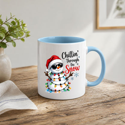 Cool Mug "Chillin' Through the Snow" Snowman 325ml Ceramic Coffee Mug  Funny Winter Holiday Tea Cup with Sunglasses & Christmas Lights Gift | Available in Multicolours | Fast Dispatch by UK Seller (M1248)