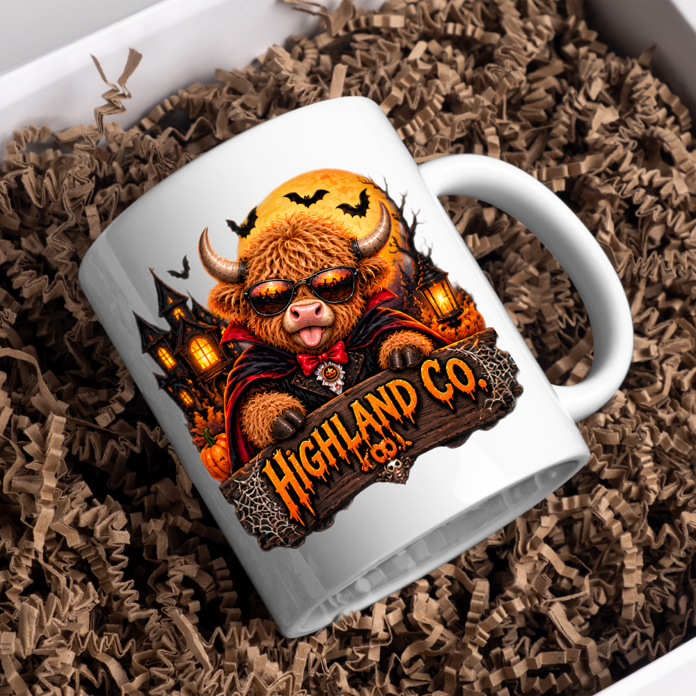 Halloween Mug "Vampire Costume Highland Co." Vampire Costume Highland Cow 325ml Ceramic Coffee Mug – Spooky Halloween Tea Cup with Dracula Cape Sunglasses Haunted House Graphic Gift | Available in Multicolours | Fast Dispatch by UK Seller (M3179)