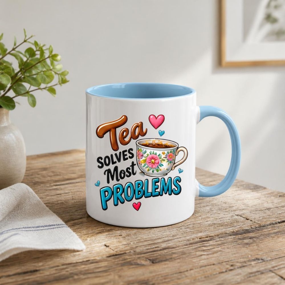 Humorous Mug "Tea Solves Most Problems" 325ml Ceramic Coffee Mug – Funny British Cuppa Tea Cup with Vintage Floral Teacup & Hearts Graphic Gift | Available in Multicolours | Fast Dispatch by UK Seller (M1314)