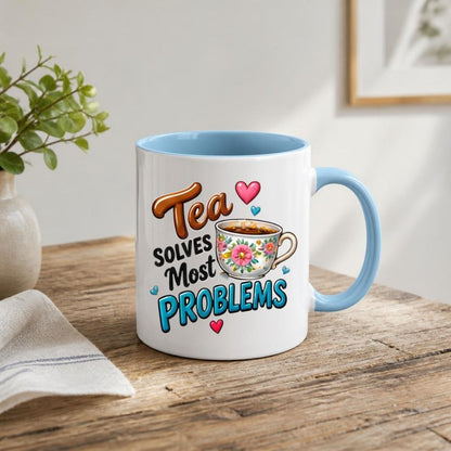 Humorous Mug "Tea Solves Most Problems" 325ml Ceramic Coffee Mug – Funny British Cuppa Tea Cup with Vintage Floral Teacup & Hearts Graphic Gift | Available in Multicolours | Fast Dispatch by UK Seller (M1314)