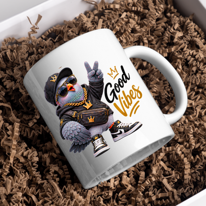 Streetwear Mug "Good Vibes Cool Pigeon" Good Vibes 325ml Ceramic Coffee Mug – Cool Pigeon with Cap, Sunglasses, Gold Chain, Hoodie & Sneakers Funny Hip Hop Bird Mug Gift For Friends | Available in Multicolours | Fast Dispatch by UK Seller (M3243)
