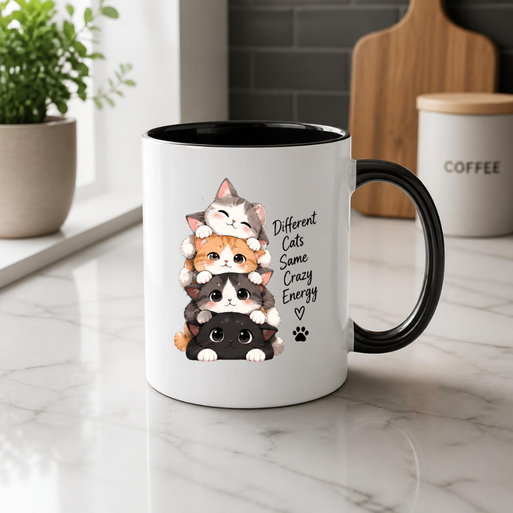 Funny Cat Mug "Different Cats Same Crazy Energy" Stacked Kittens 325ml Ceramic Coffee Mug Cute Cat Lover Tea Cup with Cute Kitten Stack & Paw Print Graphic Gift | Available in Multicolours | Fast Dispatch by UK Seller (M3027)