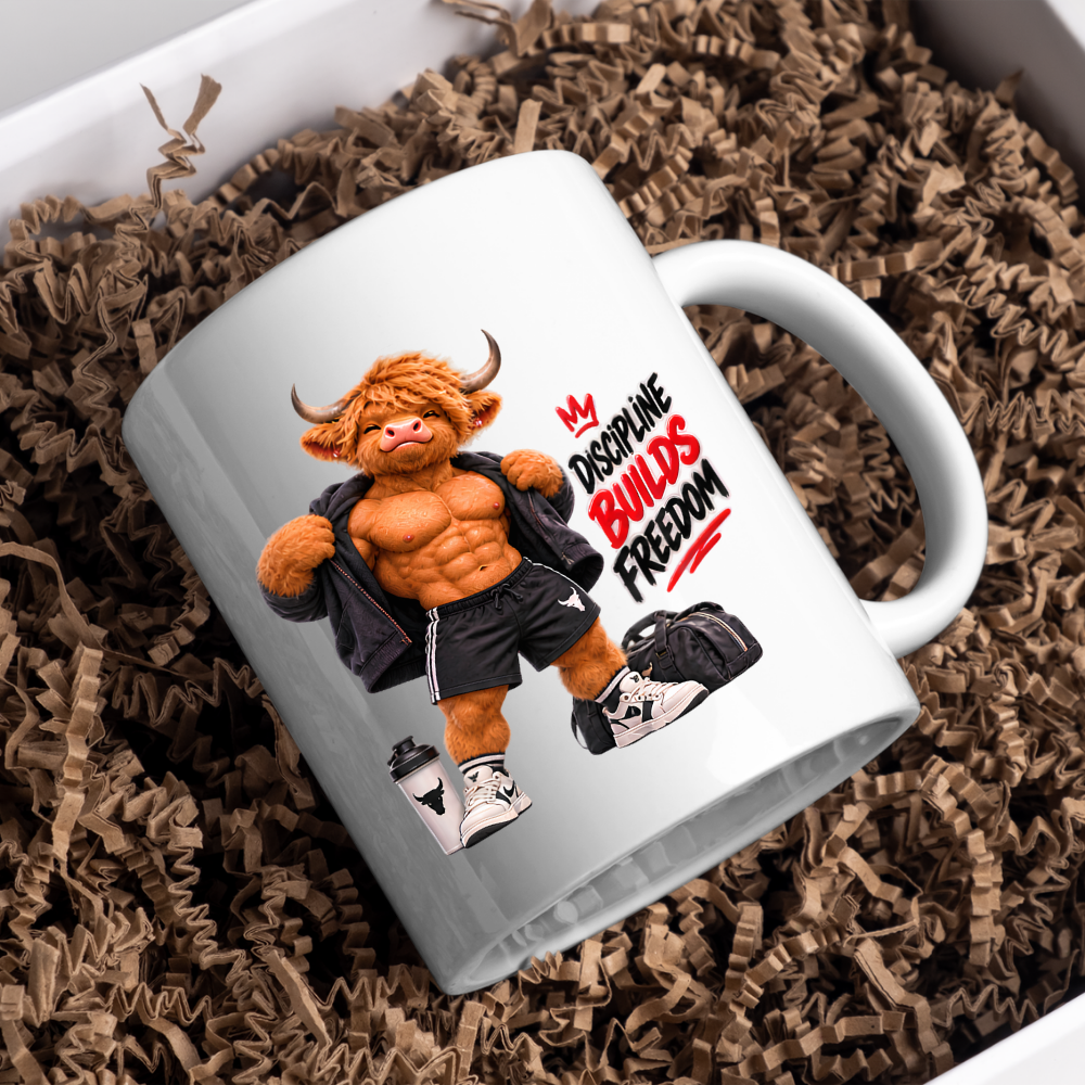 Gym Mug "Discipline Builds Freedom Muscular Highland Cow" Discipline Builds Freedom 325ml Ceramic Coffee Mug – Muscular Highland Cow Showing Six Pack Abs Open Zip Jacket Gym Fitness Gift | Available in Multicolours | Fast Dispatch by UK Seller (M3274)