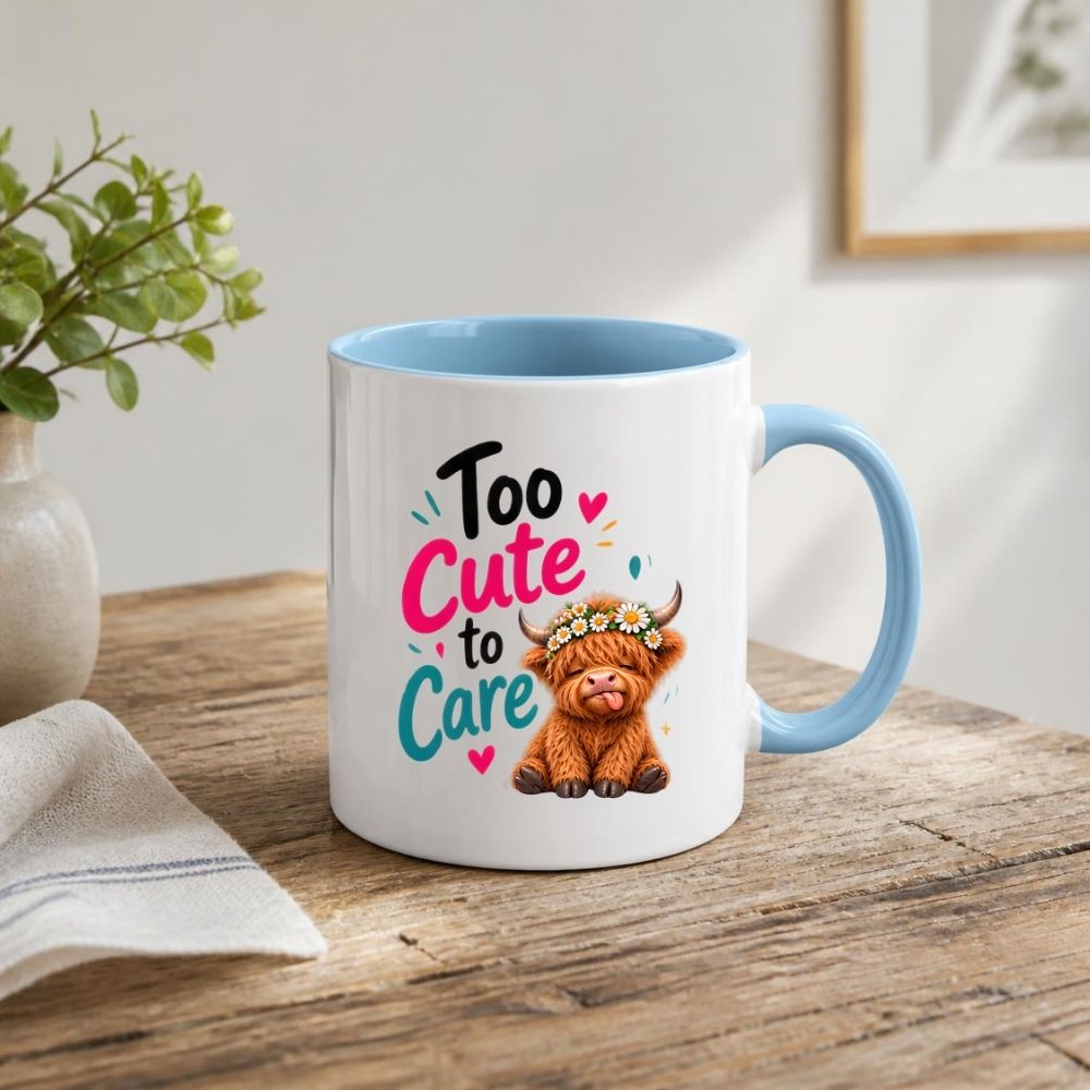 Sassy Mug "Too Cute to Care" Highland Cow 325ml Ceramic Coffee Mug Cute Animal Tea Cup with Daisy Flower Crown & Cheeky Calf Gift | Available in Multicolours | Fast Dispatch by UK Seller (M1285)