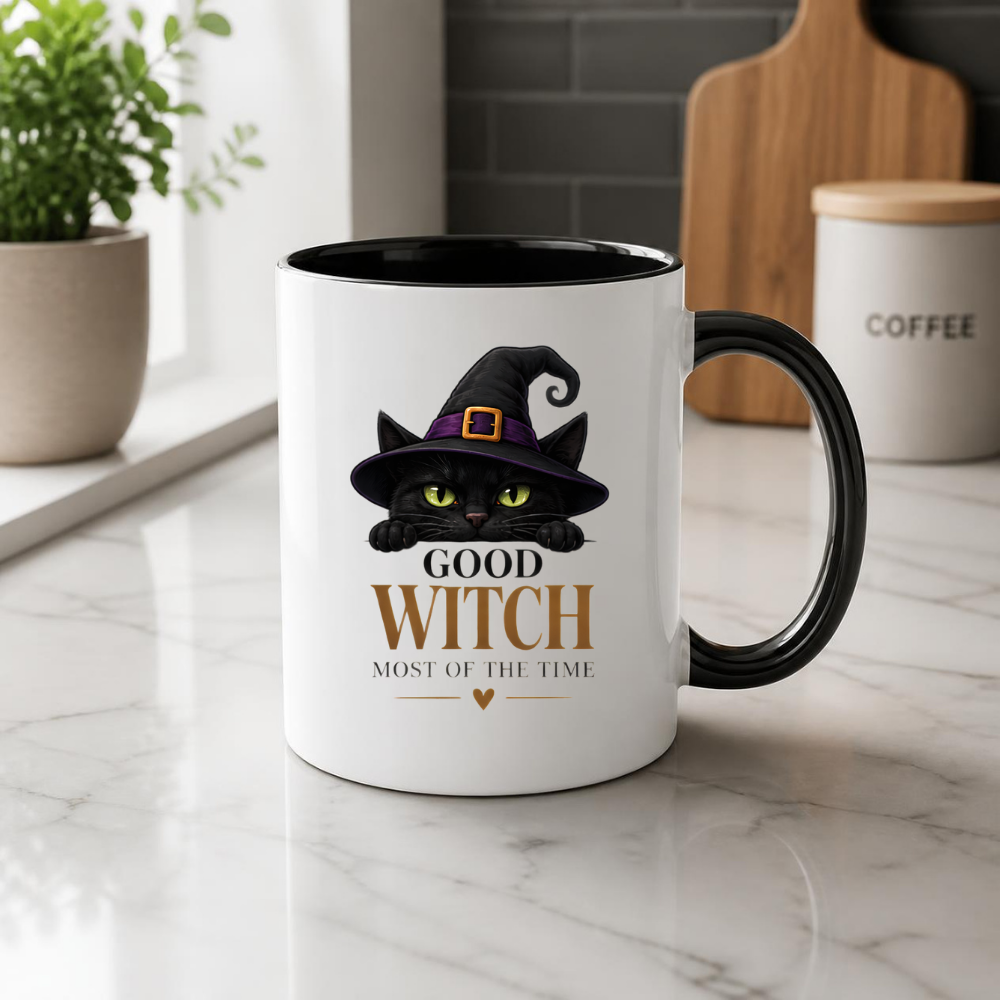 Halloween Mug "GOOD WITCH MOST OF THE TIME" Black Cat 325ml Ceramic Coffee Mug Peeking Black Cat Tea Cup with Purple Witch Hat & Heart Graphic Gift | Available in Multicolours | Fast Dispatch by UK Seller (M3079)