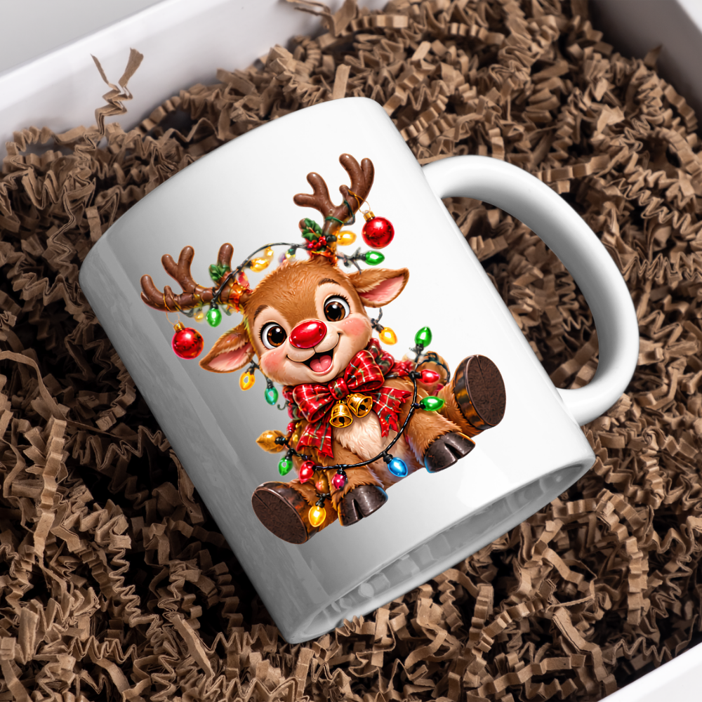 Christmas Mug "Baby Reindeer Christmas Lights Bow" Baby Reindeer 325ml Ceramic Coffee Mug – Festive Christmas Tea Cup with Red Nose, Fairy Lights Plaid Bow Baubles Graphic Gift | Available in Multicolours | Fast Dispatch by UK Seller (M3185)