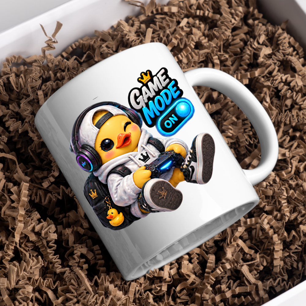 Gamer Mug "Game Mode On Gamer Duck" Game Mode On 325ml Ceramic Coffee Mug – Cute Gamer Duck in White Hoodie, Cap, RGB Gaming Headset Holding Controller Fun Gift For Gamers Friends | Available in Multicolours | Fast Dispatch by UK Seller (M3255)