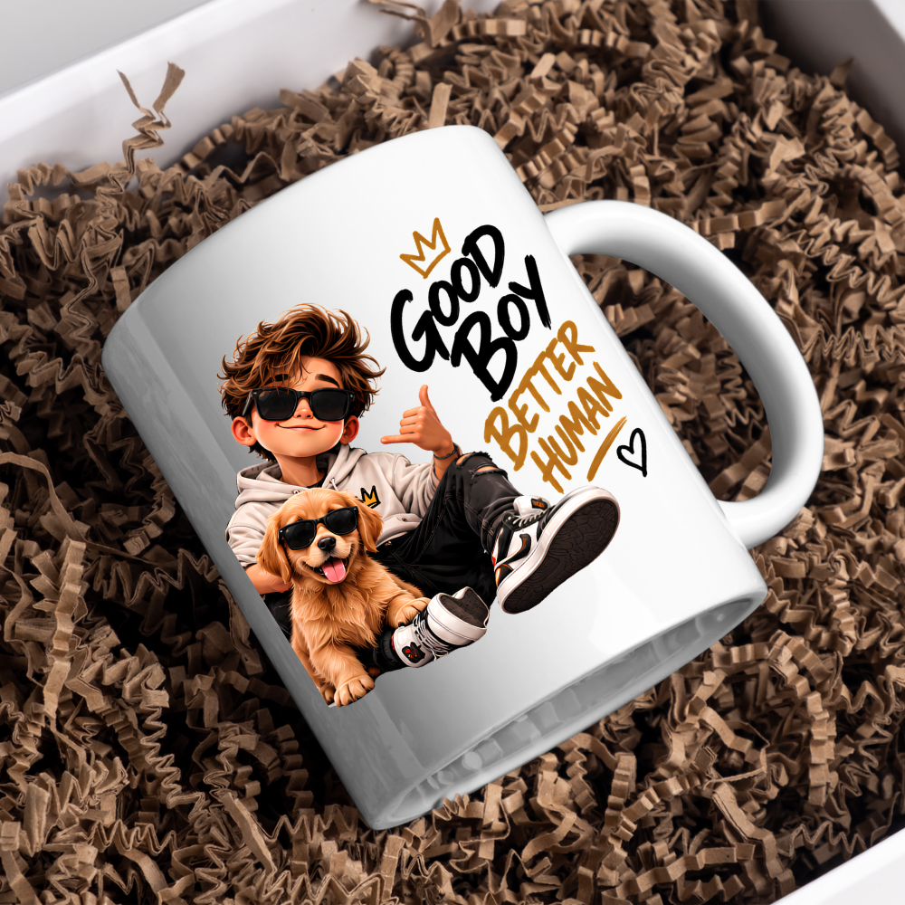 Dog Mug "Good Boy Better Human" 325ml Ceramic Coffee Tea Cup – Golden Retriever Puppy Graphic, Sunglasses & Slogan Novelty Gift for Dog Lovers, Teens, Birthday – Fast Dispatch by UK Seller (M3500)