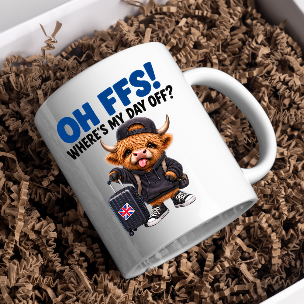 Highland Cow Day Off Mug "OH FFS! Where's My Day Off?" Oh Ffs! Where's My Day Off? 325ml Ceramic Coffee Mug – Cute Highland Cow in Hoodie & Cap with Union Jack Suitcase | Funny Work & Holiday Gift | Fast Dispatch by UK Seller (M3380)