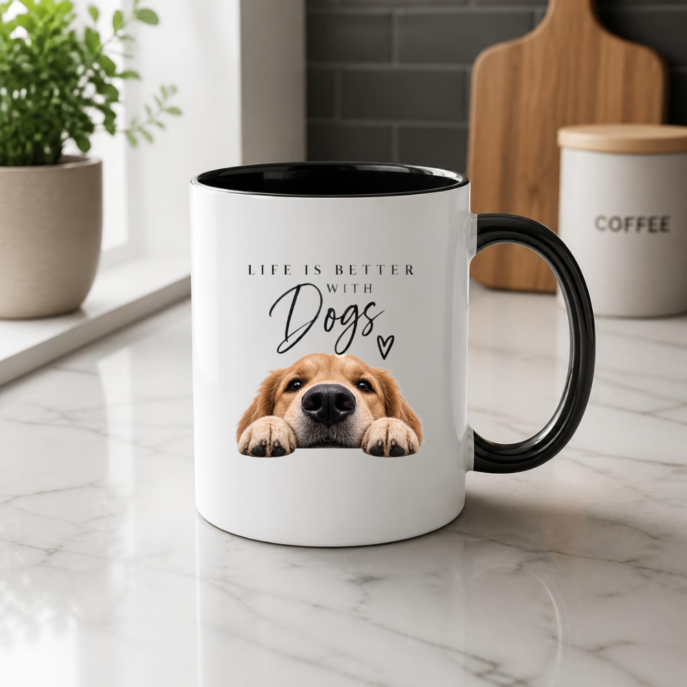 Dog Lover Mug "LIFE IS BETTER WITH Dogs" Golden Retriever 325ml Ceramic Coffee Mug Cute Puppy Tea Cup with Peeking Dog & Paw Graphic Gift | Available in Multicolours | Fast Dispatch by UK Seller (M3009)