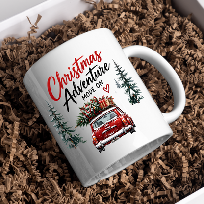 Festive Red Car Christmas Mug "Christmas Adventure Mode On" Christmas Adventure Mode On 325ml Ceramic Coffee Mug – Vintage Red Car with Christmas Tree & Gift Boxes with Snowy Pine Trees | Festive Holiday Gift | Fast Dispatch by UK Seller (M3398)