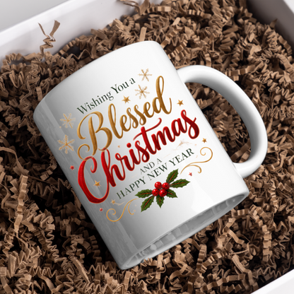Christmas Mug "Wishing You A Blessed Christmas And A Happy New Year" 325ml Ceramic Coffee Mug Festive Typography Mug With Gold Stars Holly Swirls Holiday Gift | Available in Multicolours | Fast Dispatch by UK Seller (M3314)