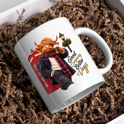 London Mug "Good Company Better Days British Highland Cow" Good Company Better Days 325ml Ceramic Coffee Mug – Cozy Highland Cow with Pint Of Beer By Red Phone Box Lamp Post British Gift | Available in Multicolours | Fast Dispatch by UK Seller (M3286)