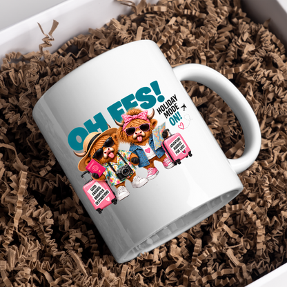 Holiday Highland Cows Mug "OH FFS! Holiday Mode On!" Oh Ffs! Holiday Mode On! 325ml Ceramic Coffee Mug – Cute Highland Cows Travel Buddies with Suitcases, Passport, Map & Camera | Funny Travel Gift | Fast Dispatch by UK Seller (M3370)