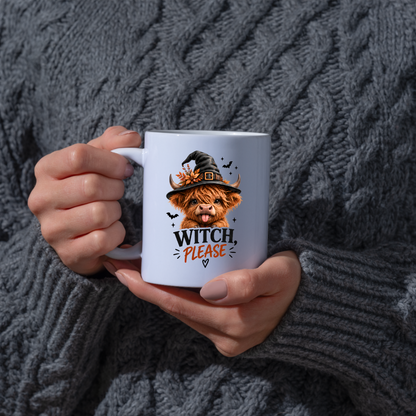 Sassy Halloween Highland Cow Mug "Witch, Please" Graphic 325ml Ceramic Coffee Cup Cute Highland Cow in Witch Hat with Bats Novelty Tea Cup | Funny Spooky Season Gift for Her | Available in Multicolours | Fast Dispatch by UK Seller (M3133)