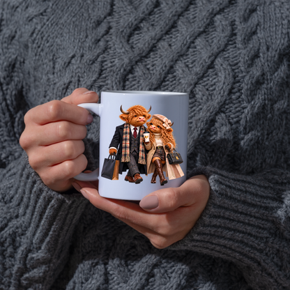 Fashion Mug "Stylish Highland Cow Couple Shopping" Stylish Highland Cow Couple 325ml Ceramic Coffee Mug – Chic Autumn Fashion Tea Cup with Winter Overcoats Designer Handbag Graphic Gift | Available in Multicolours | Fast Dispatch by UK Seller (M3188)