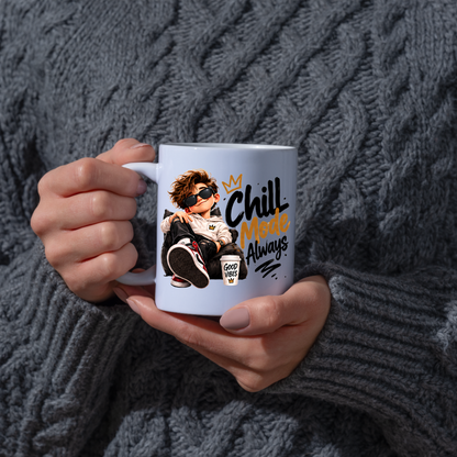 Chill Mug "Chill Mode Always" 325ml Ceramic Coffee Tea Cup – Cool Boy Graphic, Sunglasses, Hoodie & Good Vibes Slogan Novelty Gift for Bestie, Teens, Birthday – Fast Dispatch by UK Seller (M3497)