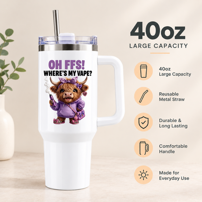 Funny Highland Cow 40oz Tumbler “OH FFS! Where’s My V?” – Boy & Girl Designs | Large White Reusable Travel Cup with Handle & Straw | Cheeky & Sarcastic Gift for Him, Her, Friends & Couples | Fast Dispatch by UK Seller (T1001)