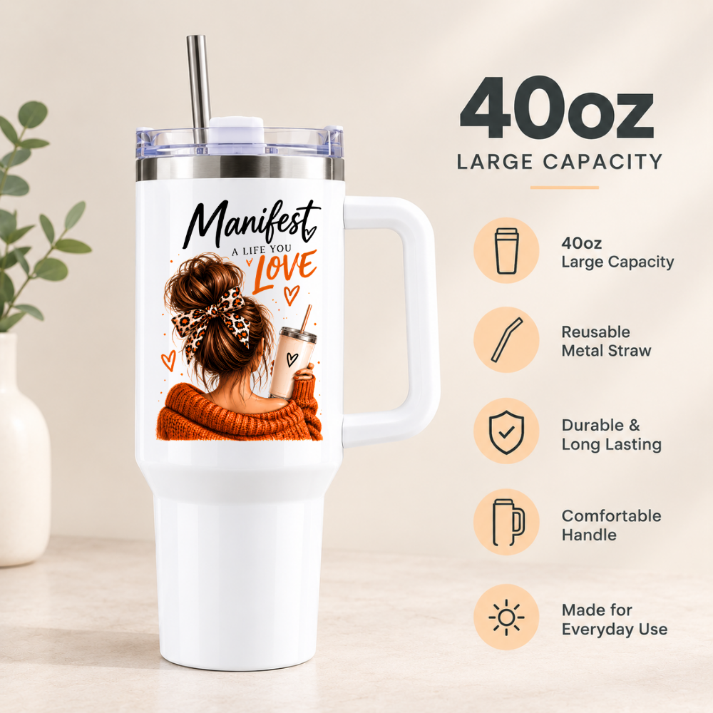 Inspirational Lifestyle Travel Tumbler "Manifest A Life You Love" Graphic 40oz Stainless Steel Insulated Travel Mug with Handle & Straw – Cozy Woman Messy Bun, Leopard Hair Bow, Terracotta Jumper & Iced Coffee Cup | Fast Dispatch by UK Seller (T3034)