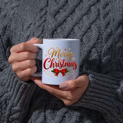 Christmas Mug "Merry Christmas Red Ribbon & Gold Stars" Merry Christmas 325ml Ceramic Coffee Mug – Festive Typography Mug with Red Bow, Holly Gold Stars Holiday Gift | Available in Multicolours | Fast Dispatch by UK Seller (M3311)