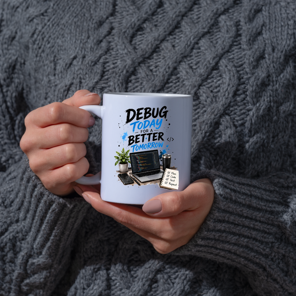 Tech Mug "Debug Today For A Better Tomorrow" Debug Today For A Better Tomorrow 325ml Ceramic Coffee Mug – Developer Desk Mug with Laptop Code, Smartphone & Plan Code Test Repeat Notepad | IT Gift | Fast Dispatch by UK Seller (M3331)