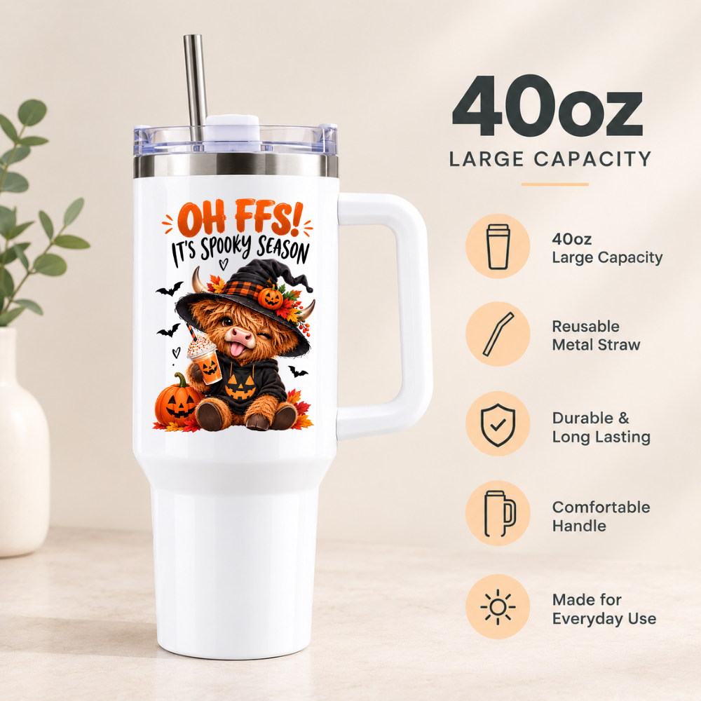 Halloween Highland Cow Travel Tumbler "Oh FFS! It's Spooky Season" Graphic 40oz Stainless Steel Insulated Travel Mug with Handle & Straw – Funny Witch Cow Pumpkin Iced Latte Gift | Fast Dispatch by UK Seller (T3043)