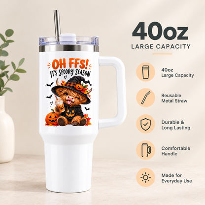 Halloween Highland Cow Travel Tumbler "Oh FFS! It's Spooky Season" Graphic 40oz Stainless Steel Insulated Travel Mug with Handle & Straw – Funny Witch Cow Pumpkin Iced Latte Gift | Fast Dispatch by UK Seller (T3043)