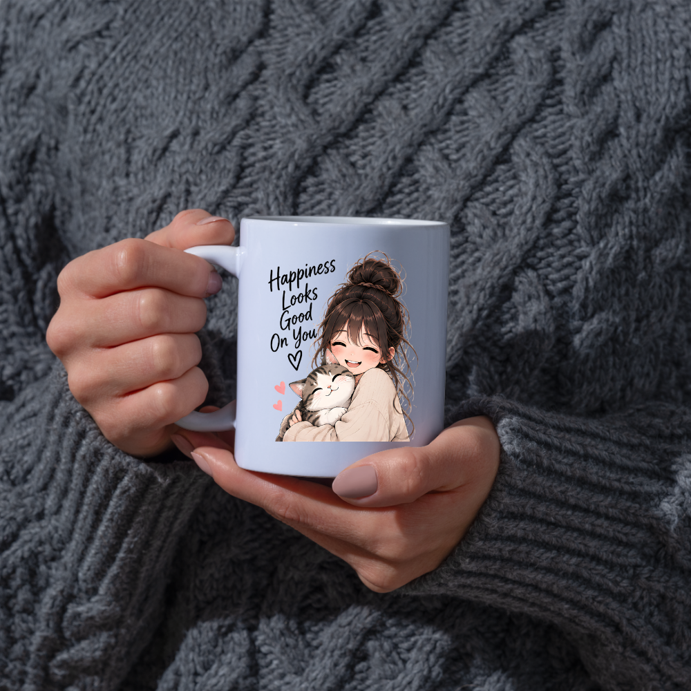 Inspirational Anime Mug "Happiness Looks Good On You" Cute Anime Girl & Cat 325ml Ceramic Coffee Mug Wholesome Kitten Tea Cup with Cute Girl Hugging Cat Graphic Gift | Available in Multicolours | Fast Dispatch by UK Seller (M3024)
