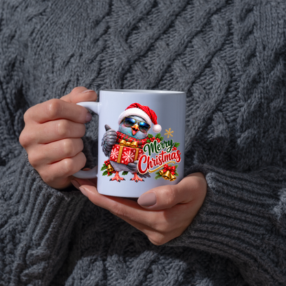 Christmas Mug "Merry Christmas Cool Pigeon" Merry Christmas 325ml Ceramic Coffee Mug – Cool Winking Pigeon in Santa Hat, Sunglasses, Scarf Holding Wrapped Christmas Gift Festive Holiday Gift | Available in Multicolours | Fast Dispatch by UK Seller (M3265)