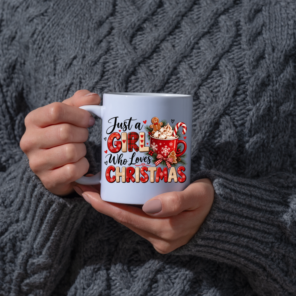 Christmas Mug "Just a Girl Who Loves Christmas" Festive Hot Chocolate Coffee Cup 350ml Ceramic, Cute Gingerbread Candy Cane Winter Gift for Her Mum Daughter Sister Girlfriend, Xmas Secret Santa Stocking Filler | Fast Dispatch by UK Seller (M1144)