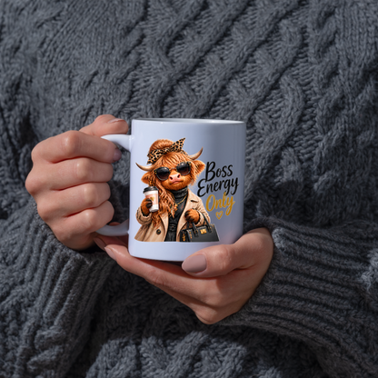 Highland Cow Mug "Boss Energy Only Highland Cow" 325ml Ceramic Coffee Mug – Stylish Highland Cow in Leopard Bow, Trench Coat Sunglasses Holding Coffee Cup Designer Bag Office Boss Gift | Available in Multicolours | Fast Dispatch by UK Seller (M3277)