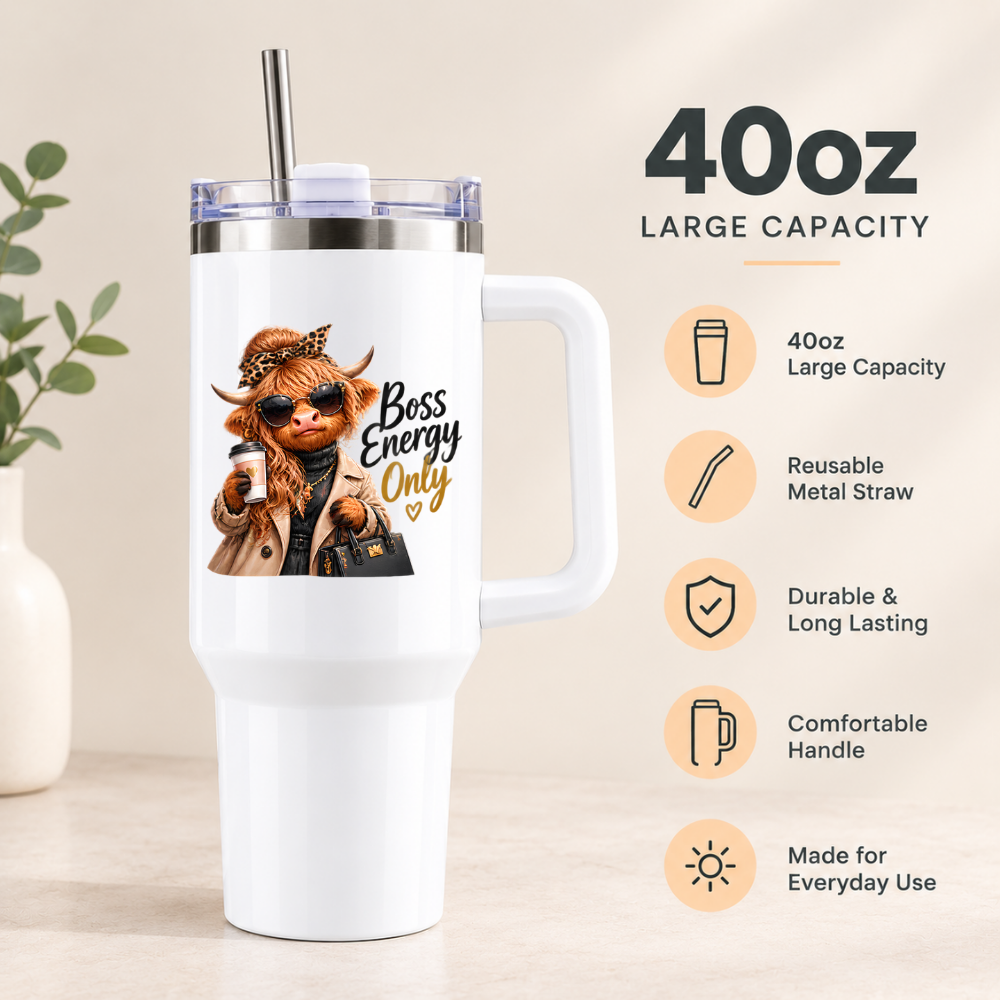 Sassy Highland Cow Travel Tumbler "Boss Energy Only" Graphic 40oz Stainless Steel Insulated Travel Mug with Handle & Straw – Fashion Cow in Trench Coat, Sunglasses, Handbag & Coffee Novelty Travel Cup | Fast Dispatch by UK Seller (T3020)