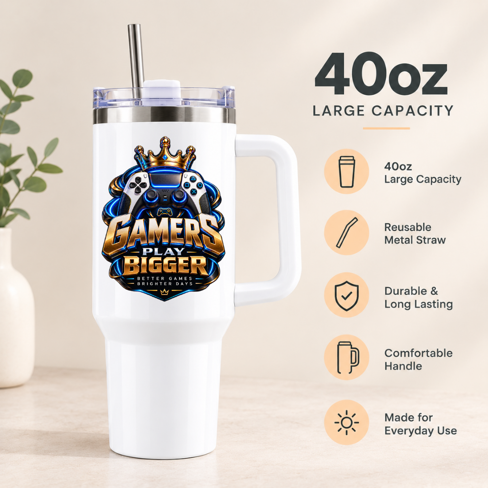 Cool Gaming Travel Tumbler "Gamers Play Bigger" Graphic 40oz Stainless Steel Insulated Travel Mug with Handle & Straw – Game Controller, Crown Crest & Swirl Graphic Novelty Gift for Gamers | Fast Dispatch by UK Seller (T3059)