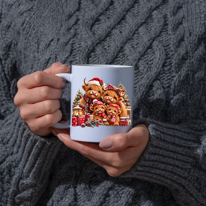 Christmas Highland Cow Family Mug Christmas Highland Cow Family 325ml Ceramic Coffee Mug – Festive Scottish Cows in Santa Hats, Bows & Scarves with Presents | Holiday Gift | Fast Dispatch by UK Seller (M3375)