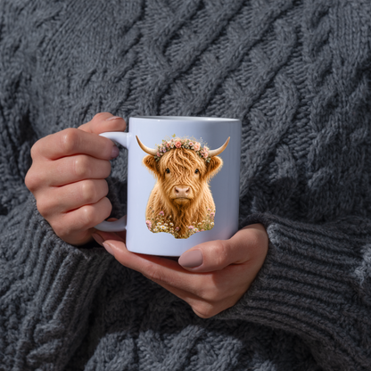 Floral Mug "Boho Highland Cow" Floral Crown Highland Cow 325ml Ceramic Coffee Mug Pretty Botanical Tea Cup with Pink Rose Flower Crown Graphic Gift | Available in Multicolours | Fast Dispatch by UK Seller (M3152)