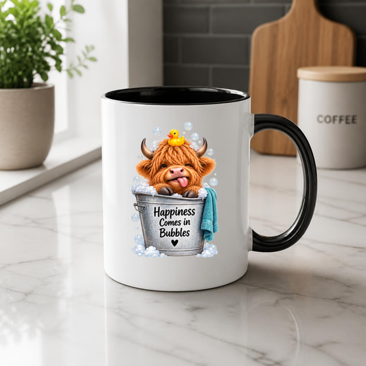 Novelty Mug "Happiness Comes in Bubbles" Highland Cow Ceramic Coffee Mug – Cute Bubble Bath Farm Animal with Rubber Duck & Tongue-Out Tea Cup Gift | Available in Multicolours | Fast Dispatch by UK Seller (M1225)